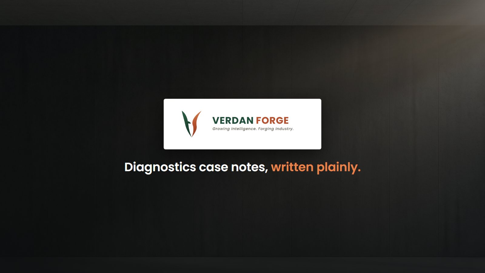 Verdan Forge brand wall — the 3D Verdan Forge emblem with the slogan Growing Intelligence. Forging Industry.