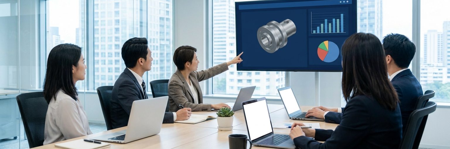Consultants collaborating around an operations dashboard (illustrative image)