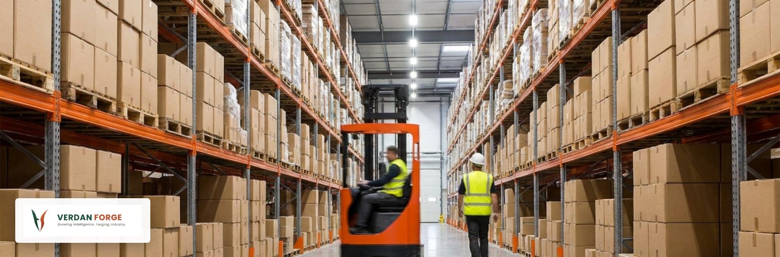 Warehouse operations on a tablet — factory to warehouse to customer (illustrative image)