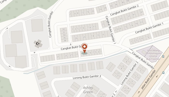 Street map of Ashley Green, Gelugor. The pin marks the exact Google Maps location of Verdan Forge at 11A Changkat Bukit Gambir.